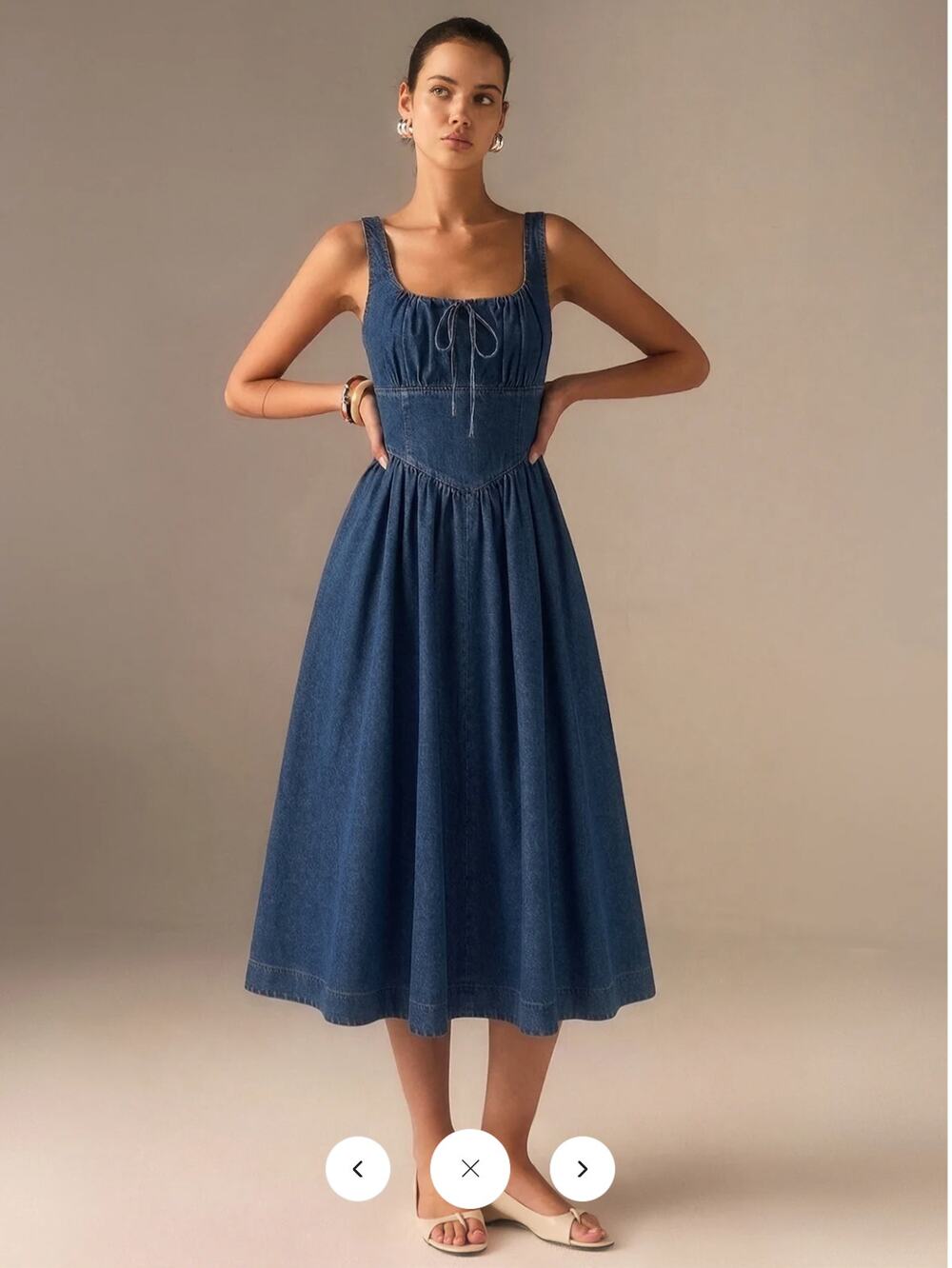 NWT Commense Denim Square Neck Tie Front Midi Dress Sz L